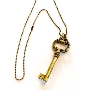 Antique brass key necklace with long chain